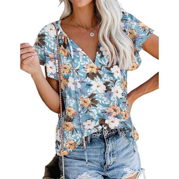 SimpleFun Floral V Neck Blouse Womens 2XL Blue Multi Summer Bohemian Hippie NEW - Picture 1 of 7